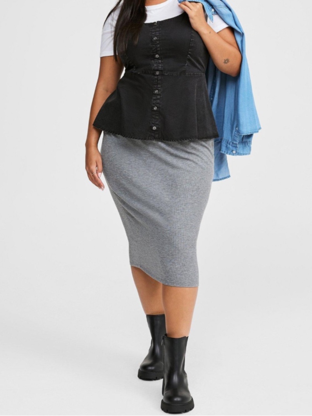 Torrid NWT Midi Rib Column Skirt Heather Grey Size 1 (14/16) Sleek Stretch Knit
